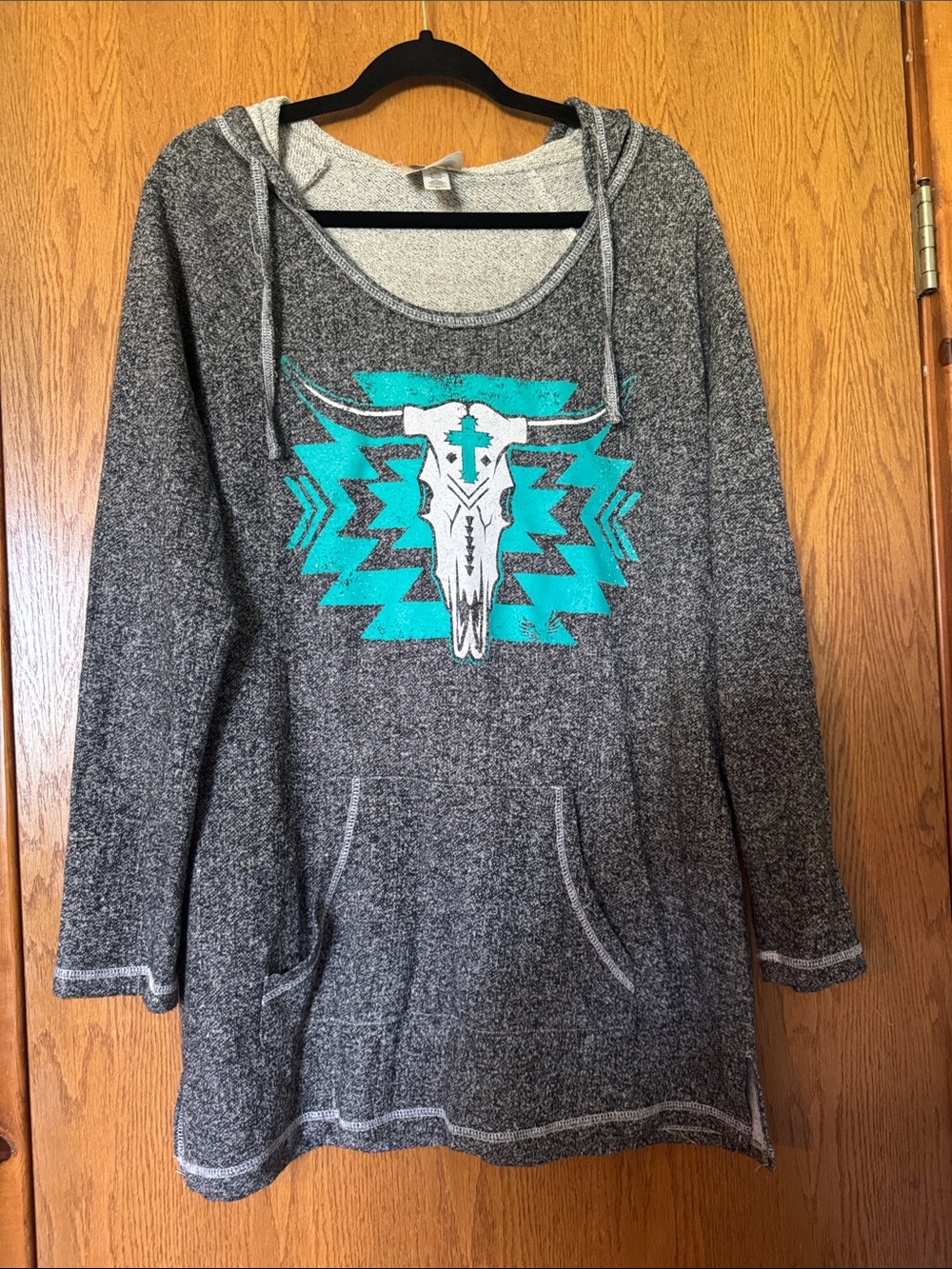 Gray Hooded Pullover Sweatshirt with Teal Southwestern Skull Graphic